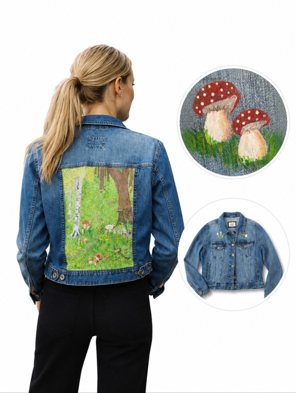 Hand painted Indie mushrooms fairy core nature scene unique cropped jean jacket